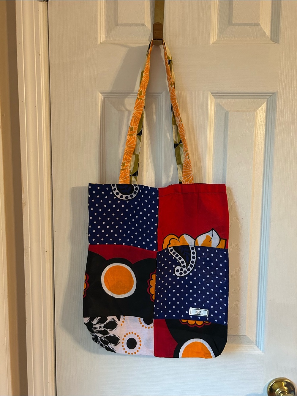 Zuri Unique Patchwork Floral & Polka Dot Tote — Navy, Red, Black, Orange
